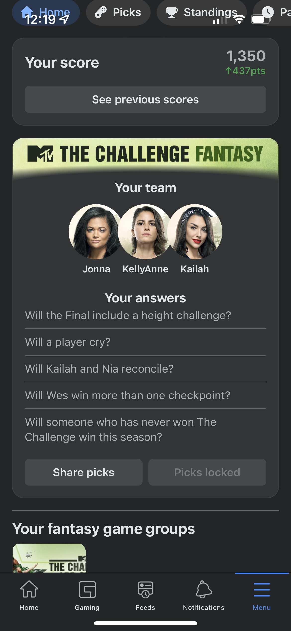 Fantasy game picks screen showing team and answer questions