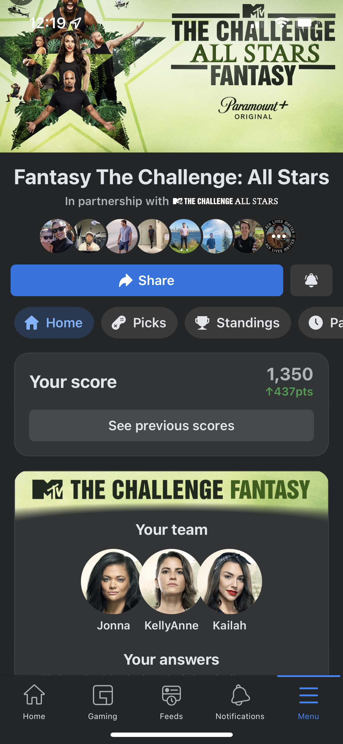 Fantasy The Challenge All Stars home screen showing score and team picks