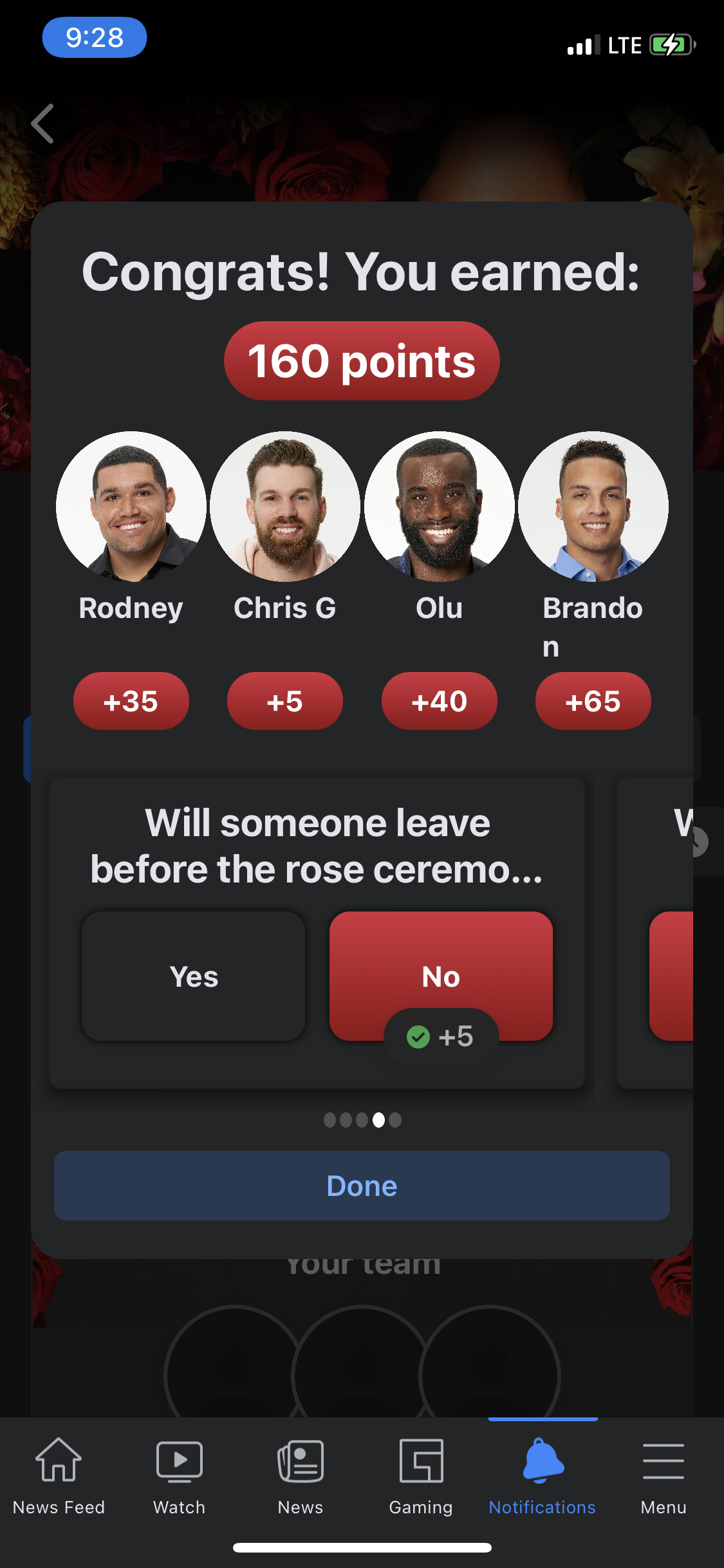 Congrats screen showing points earned and player picks